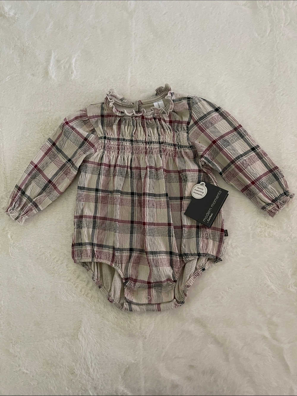 Modern Moments  Plaid Long-Sleeve Baby Romper - Cream & burgundy SZ 12M